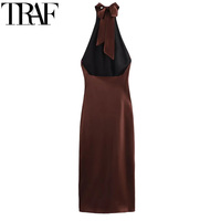 Halter Satin Long Dress Women Tied Backless Brown Midi Dress Summer Off Shoulder Party Dresses Pleated Evening Dress 5